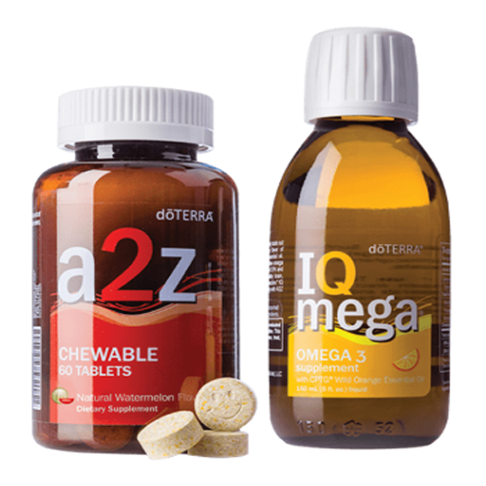 kids supplements IQ Mega flavored fish oil and a2z chewable vitamins