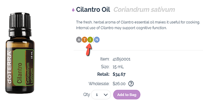 A picture of cilantro oil from the doTERRA website showing this oil can be ingested A picture of cilantro oil from the doTERRA website showing this oil can be ingested