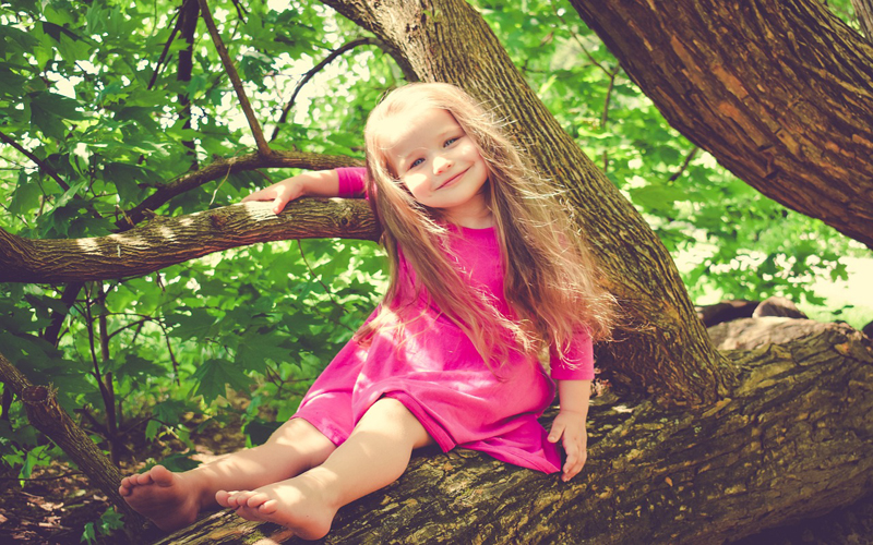 Little girl sitting in a tree smiling