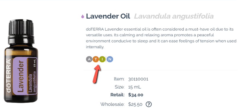 Picture of lavender essential oil taken from the doTERRA website showing the designators that indicate how to safely use this essential oil Picture of lavender essential oil taken from the doTERRA website showing the designators that indicate how to safely use this essential oil